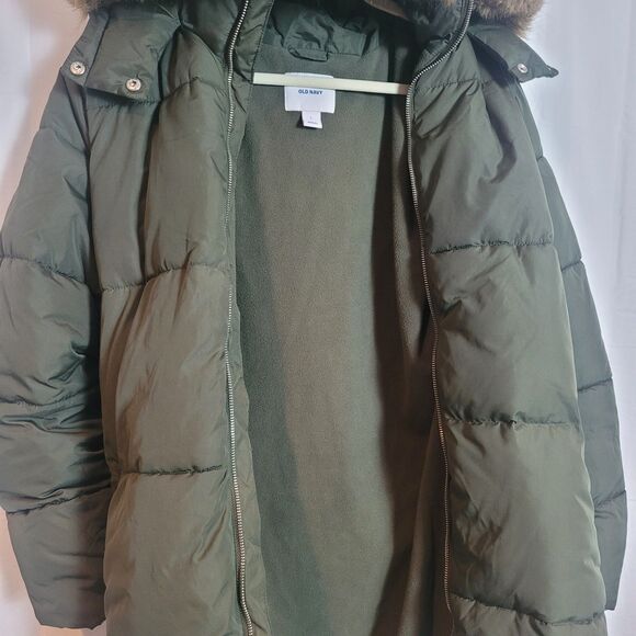 Old Navy Long Puffer Jacket Women's Size Large Green Faux Fur Trim Outdoor READ - Picture 3 of 13